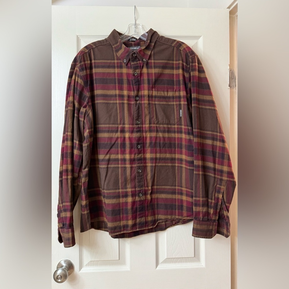Eddie Bauer Shirt Mens XLarge Brown Red Plaid Flannel Long Sleeve Button Up XL
